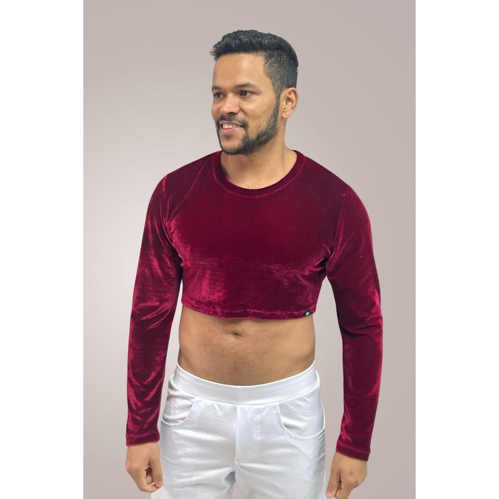 Cropped Masculino Manga Longa em Veludo Moda Masculina Casual Festa Estilo