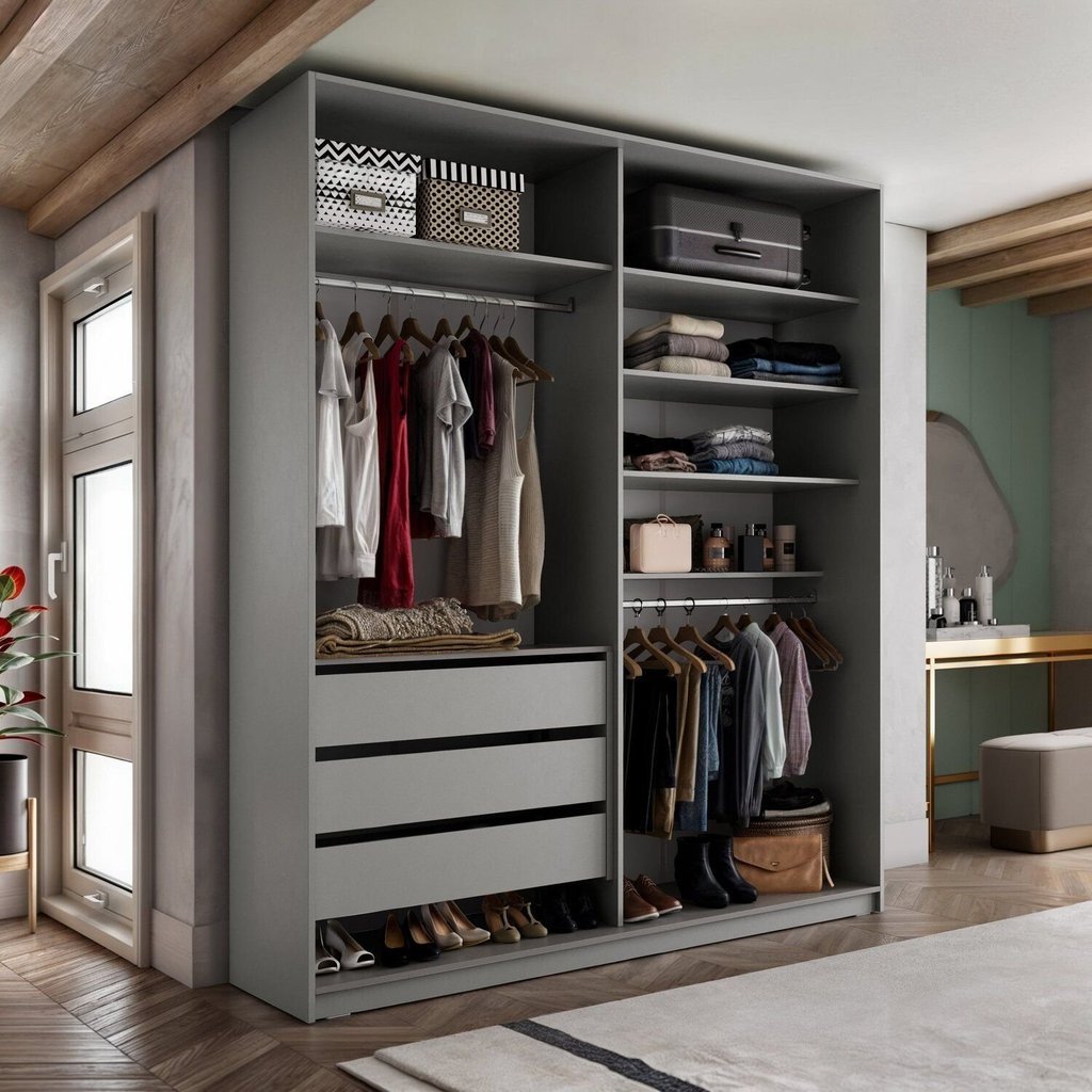 Closet Solteiro 100% MDF BP 159,5cm 3 Gavetas Monreale Preto/Cinza Cinza