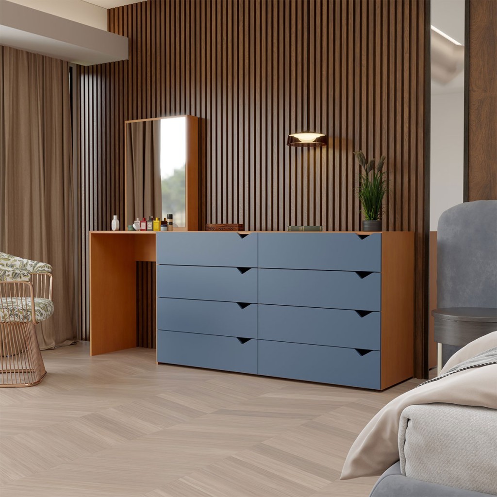 Cômoda Veneza 8 Gavetas com Espelho Azul/Branco - Panorama Móveis — imagem 2 de 2