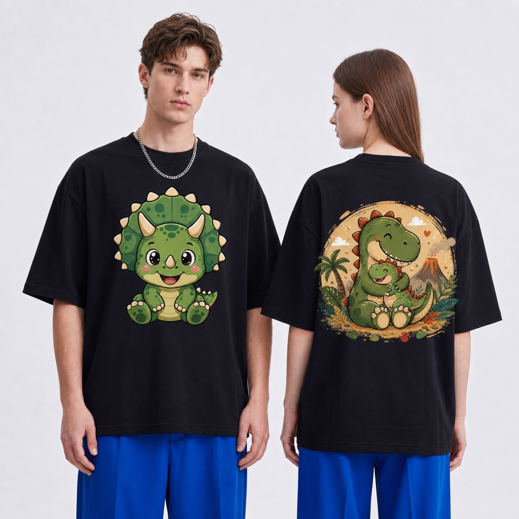 Camiseta Preta Básica Dinossauro Bebê Triceratops Papai Dinossauro Dinossauro 100% Algodão