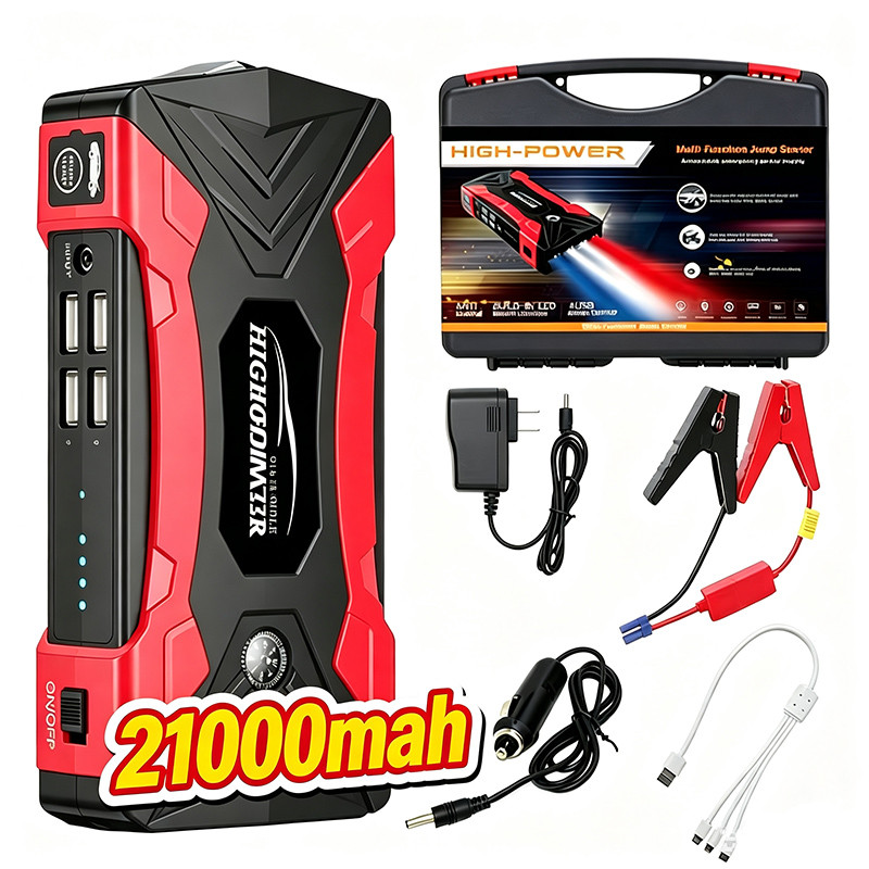 Auxiliar De Partida 21000mAh Jump Starter Portátil 12V Multifuncional Com Lanterna USB Para Carro Moto Maleta Completa