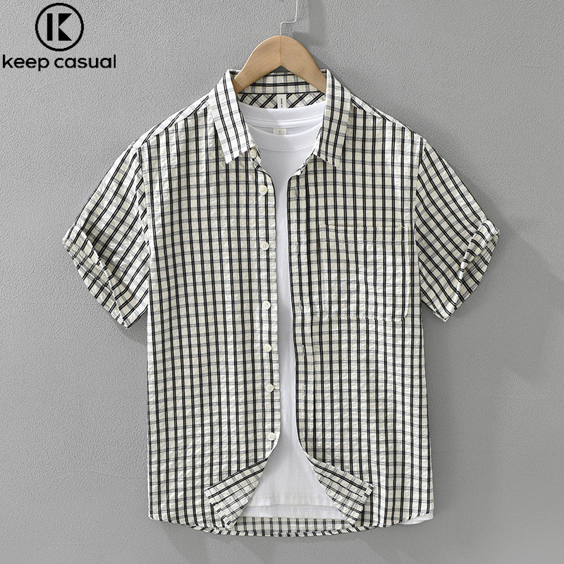 {Mantenha} Verão luz luxo japonês Retro xadrez camisa de manga curta moda masculina All-Match Casual confortável camisa 