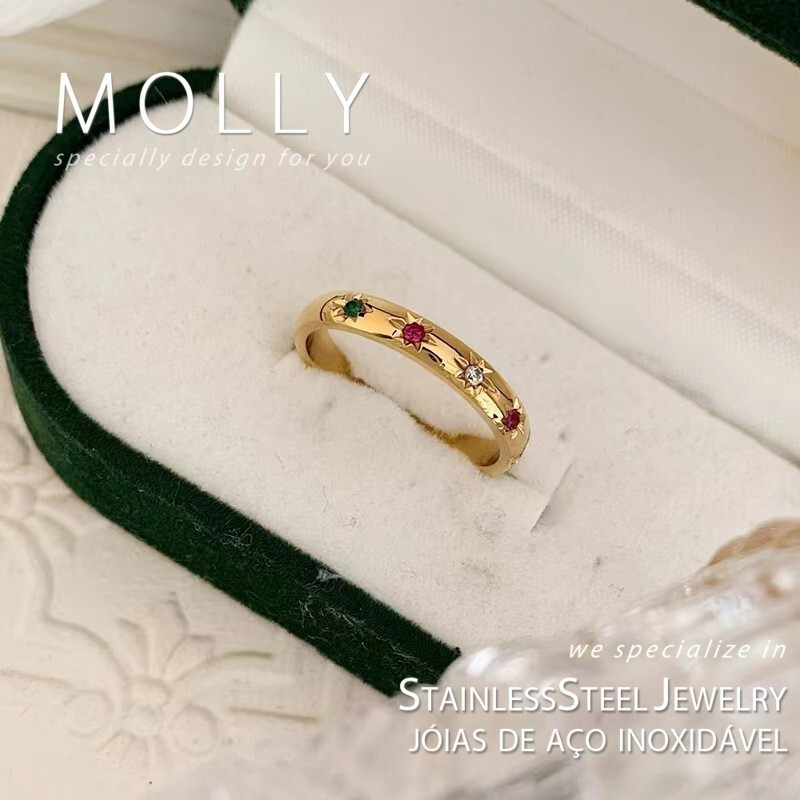 Anel de Aço Inoxidável com Zircônia Colorida, Simples e Elegante, Joia Feminina Hipoalergênica, Anel Banhado a Ouro que 