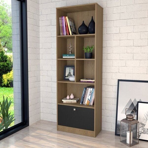 Estante para Escritório 6 Nichos 1 Porta Basculante Bali Marrom/Mel/Preto Mel/Preto