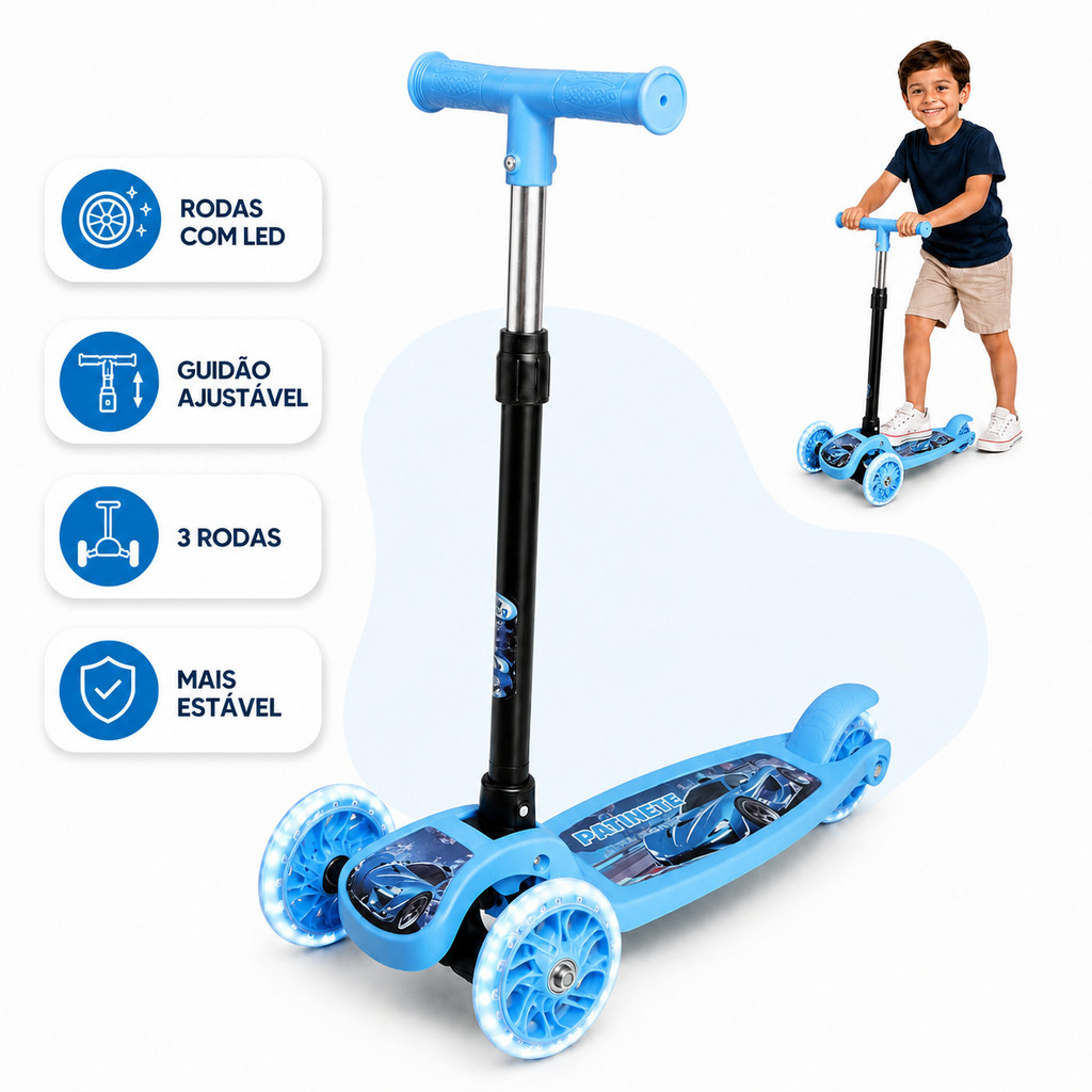 Patinete Infantil 3 Rodas Gel Dobrável Com Guidão Ajustável Com LED Menino Menina Kizumba Azul