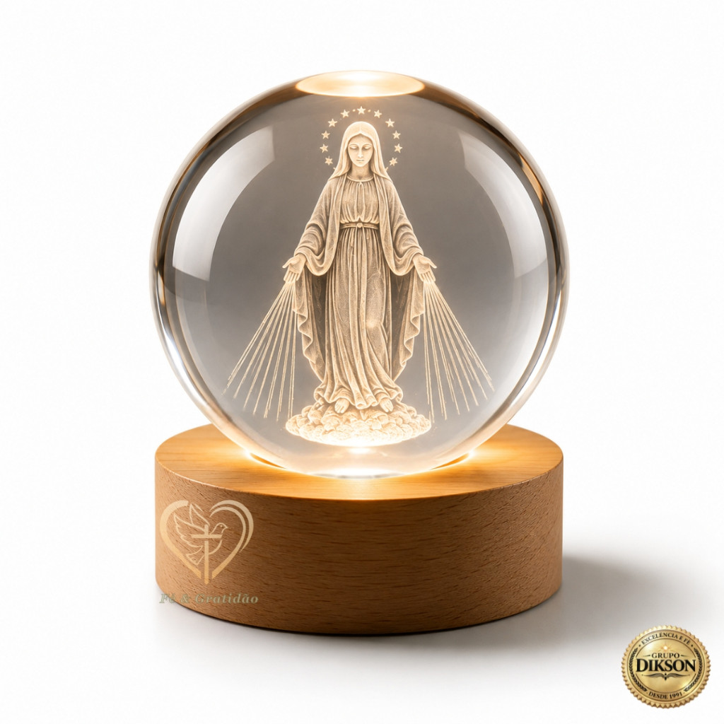 Luminária Nossa Senhora Das Graças Bola Cristal 3D LED Abajur Mesa Decoração Fé Proteção Lar Present