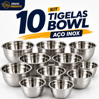 Jogo de Bowl Inox 10 Peças Tigela Inox Empilhável 14cm 16cm 20cm 22cm 24cm Gamela Bacia Cozinha Exclusivo