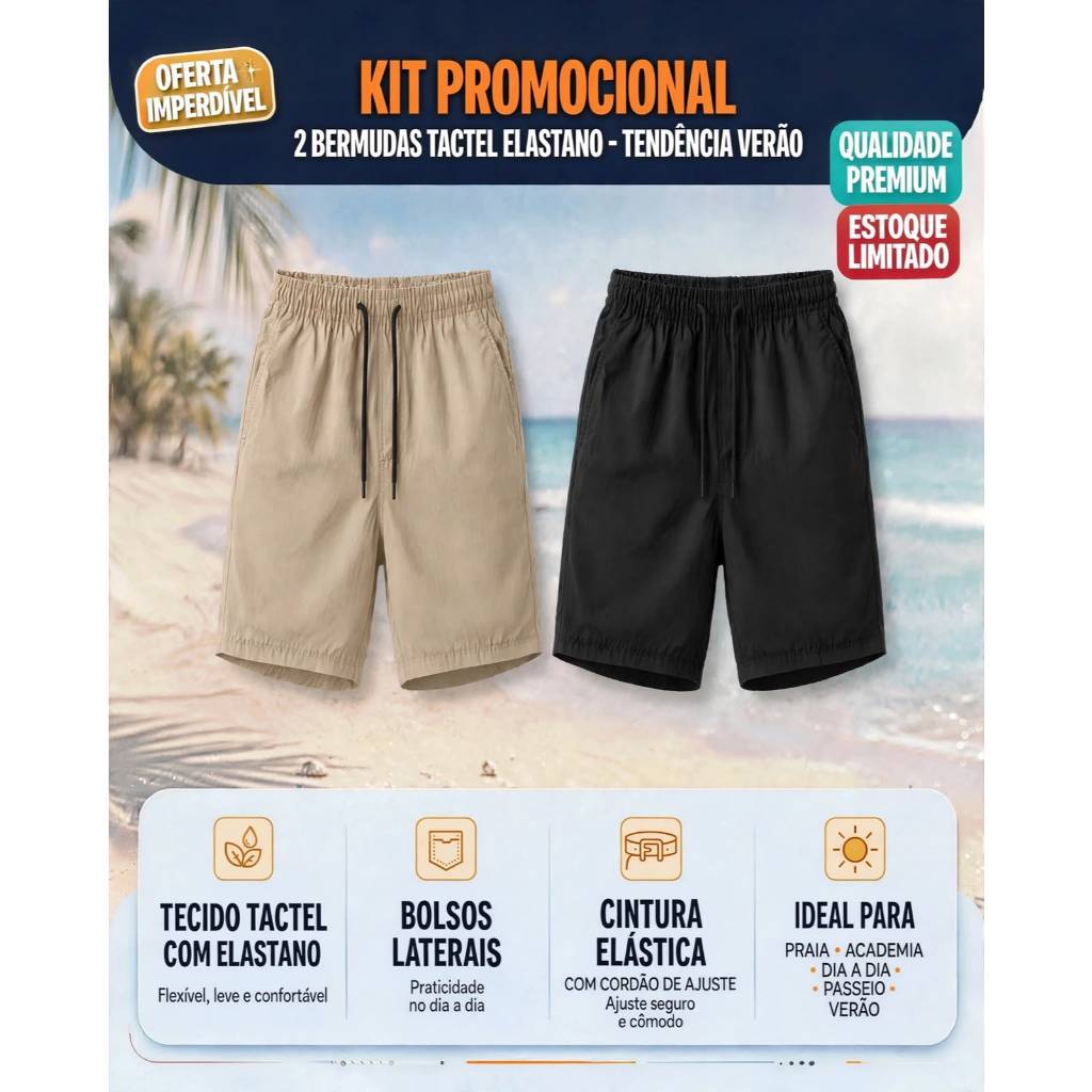 Kit 2 Bermudas Masculina Mauricinho Tactel Lisa Tactel Elastano Short Praia Fabricante