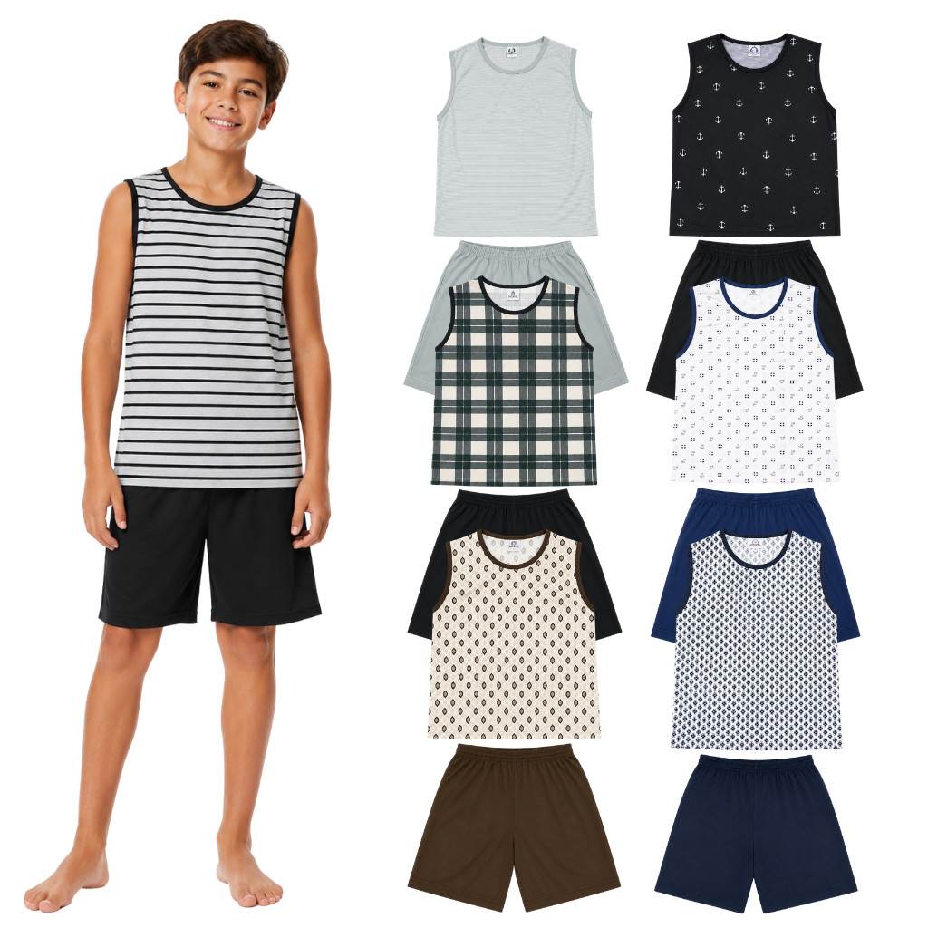 Kit 4 Pijamas Regata Machão e Short Estampas Sortidas Juvenil Masculino Tam. 10 ao 16