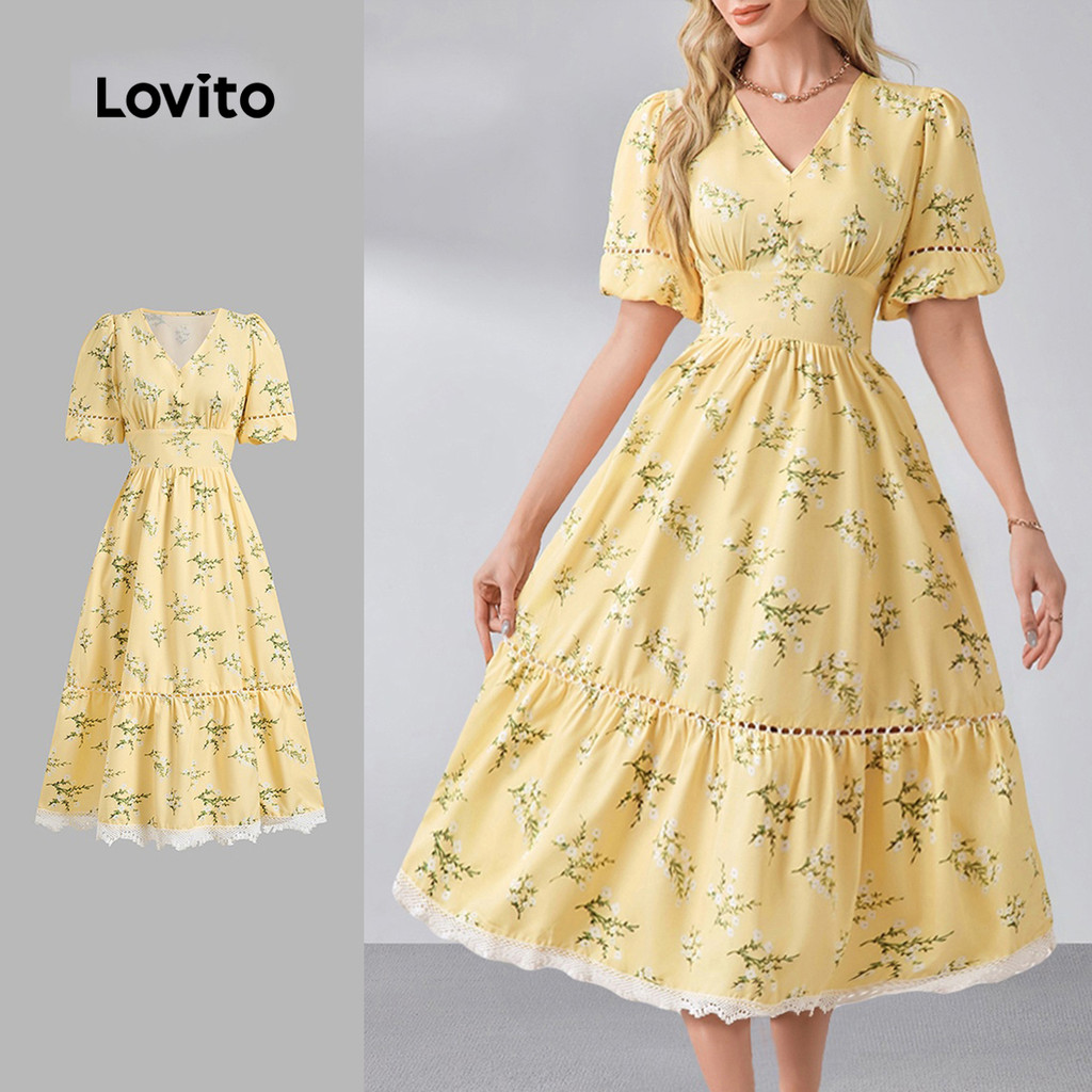 (Elegante)Lovito Vestido Midi Amarelo Elegante Estilo Coreano Com Estampa Floral