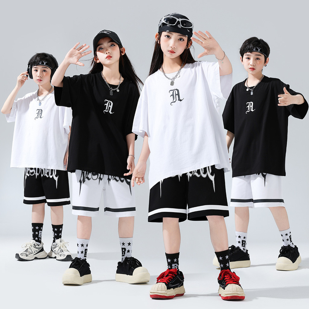 Crianças roupas de dança de rua estudante grupo atividades treinamento coreano camiseta meninos meninas Hip-Hop hiphop d