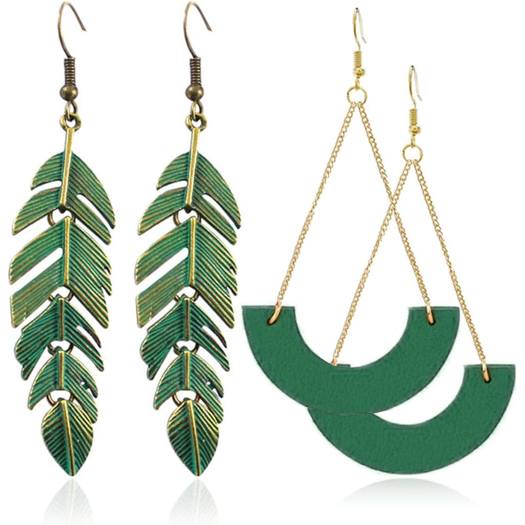 Brincos Pendentes Artesanais Boho Vintage em Bronze Verde Leve com Textura Detalhada para Mulheres