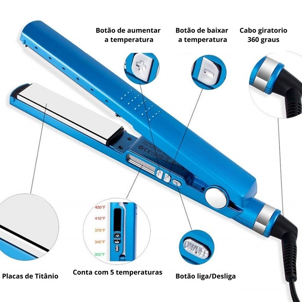 Chapinha Profissional Nano Titanium 450°f 4Forte Prancha Alisador Progressiva de Cabelo Bivolt 110V/220V