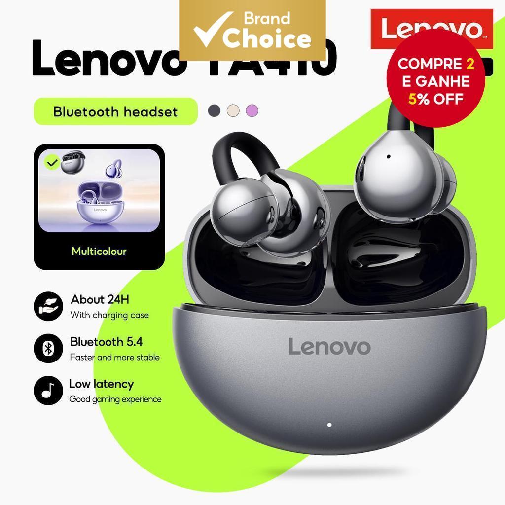  Fones de Ouvido Lenovo TA410 TWS, Modelo Clip de Orelha, Controle por Toque, Bateria de Longa Duração, Com Microfone,