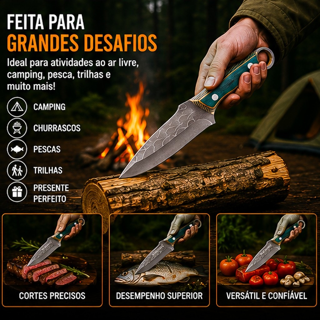 Faca Cutelo Híbrido Aço Forjado Rústico Profissional Com Bainha Cabo Ergonômico Churrasco Açougue · foto 2