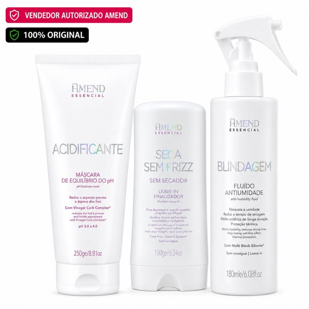 Kit Amend Seca Sem Frizz + Acidificante pH + Blindagem Capilar para Fios Perfeitos