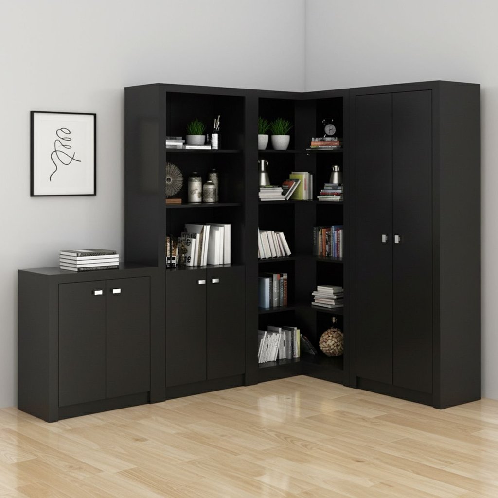 Kit 4 Armários para Escritório com Estante Preto Preto