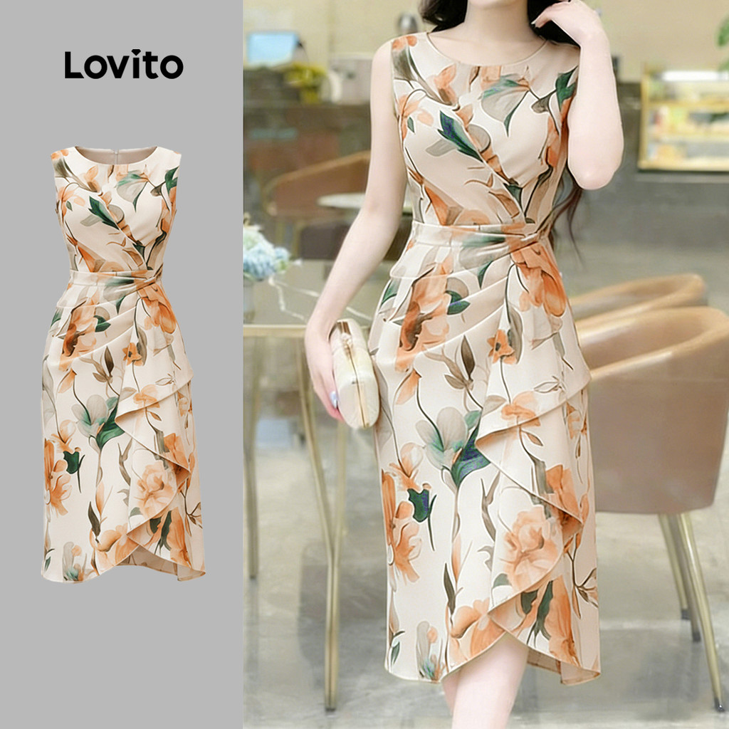 (New Arrival) Lovito Vestido Casual com Babados Assimétrico de Primavera/verão p