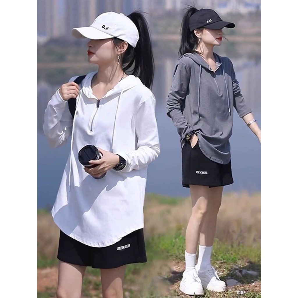 Puro algodão branco com capuz de manga comprida camiseta feminina outono 2026 novo estilo solto Bottoming moletom com ca
