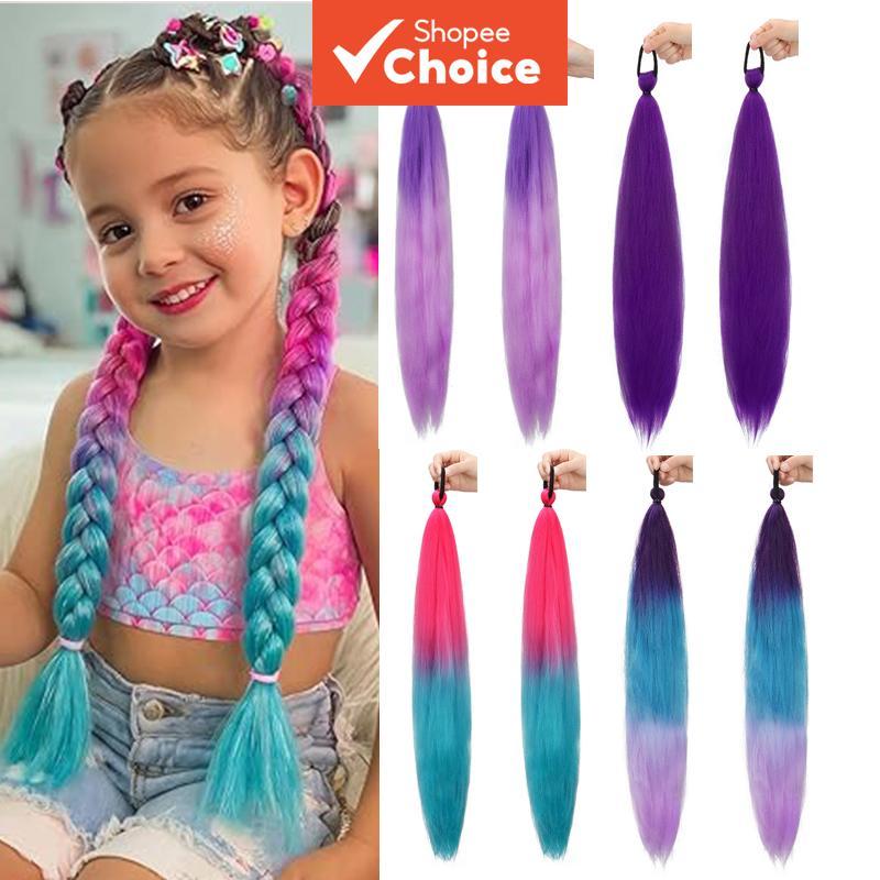 Extensões De Rabo De Cavalo Trançado Colorido Para Crianças , 2 Peças , 60cm , Postiços Retos Sintéticos Com Faixa Elást