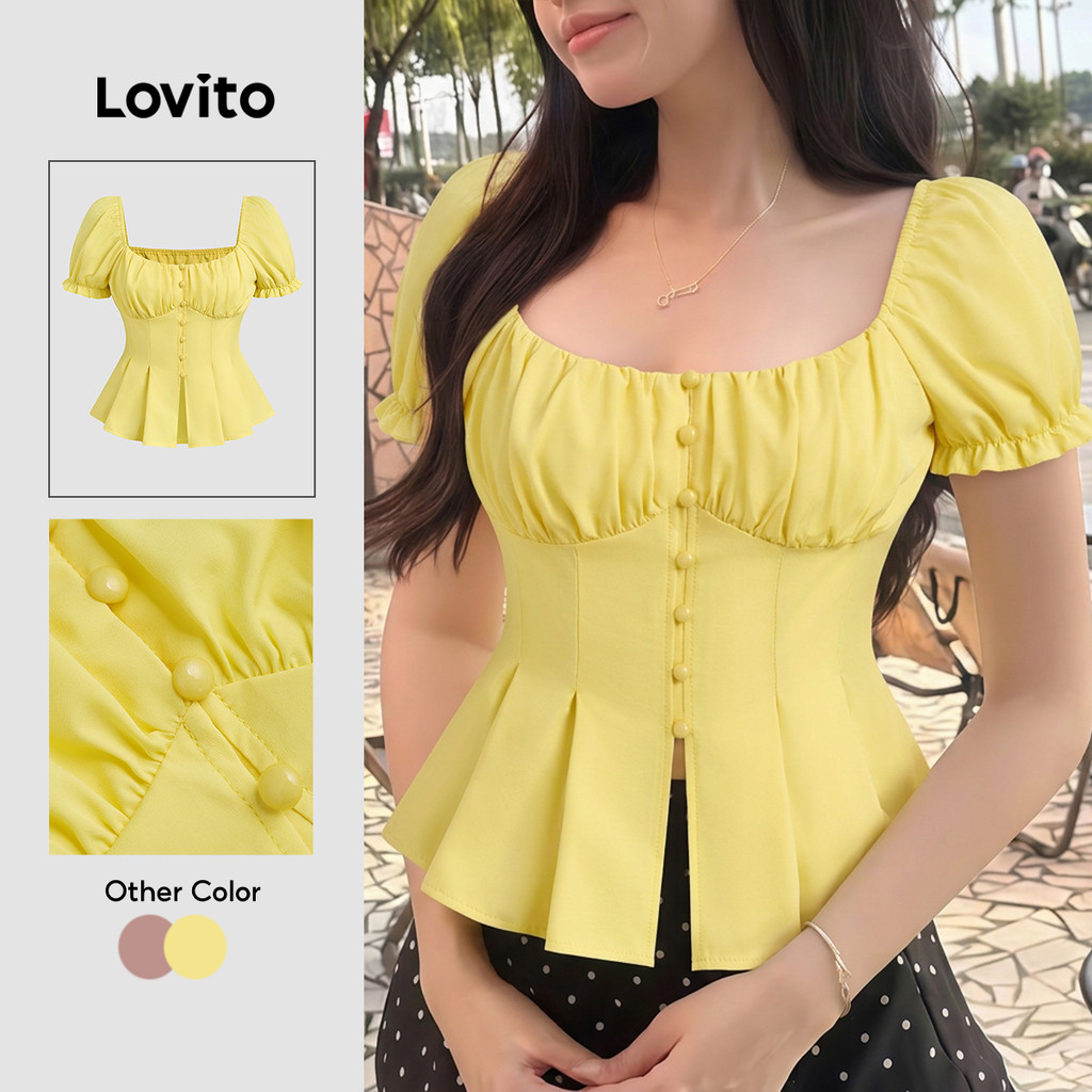 (New Arrival) Lovito Blusa Casual Plissada com Botões Frontais Primavera/verão A