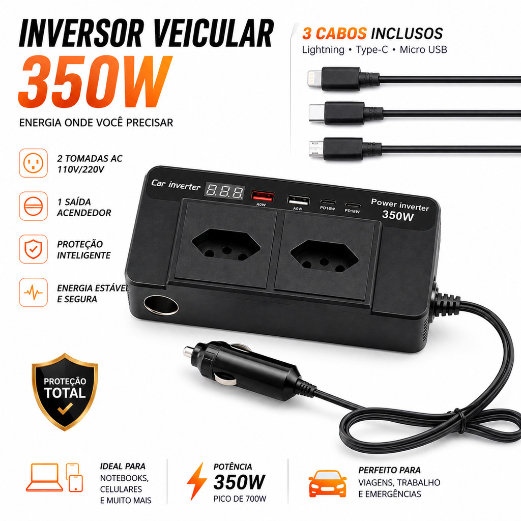 Inverter Converter 350w 12v To 110v/220v Socket + Usb Turbo And USB C Vehicle Power Inverter