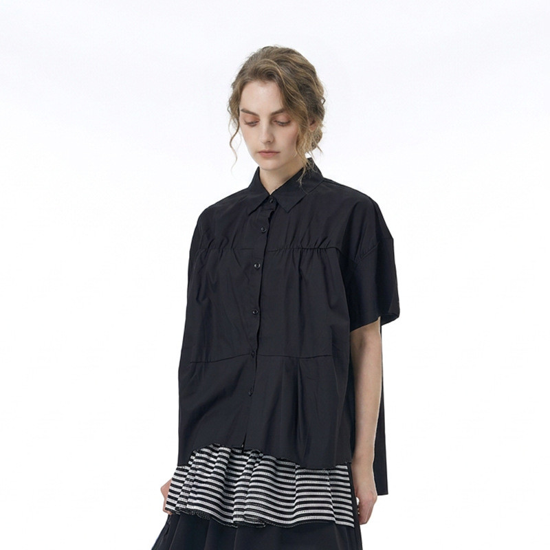 Olhos grandes [Roupas femininas estilo Yamamoto] Camisa de manga curta-2 cores enrugadas verão Plus Size roupas feminina