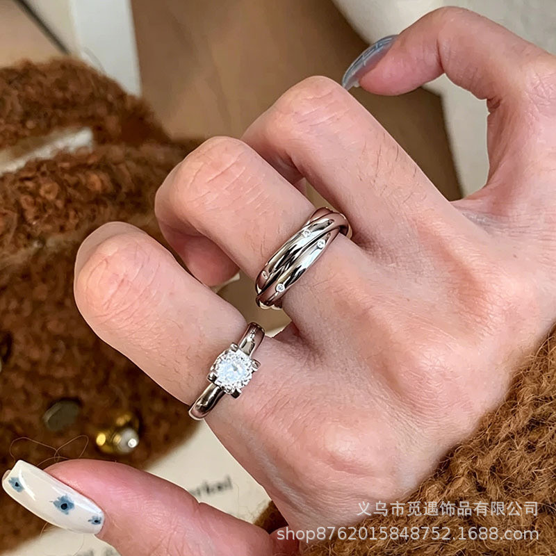 Lin'er! Anel de zircônia com diamante quadrado em estilo em camadas para mulheres, anel de três anéis pa