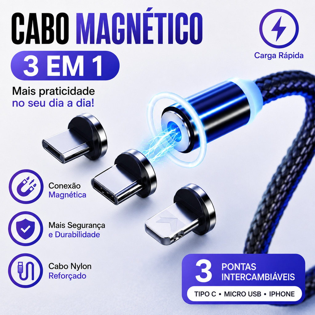 Cabo Carregador Magnético 3 em 1 para Smartphones e Tablets