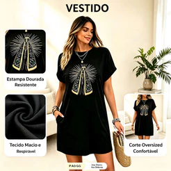Vestido Camisetão Estilo Tshirts Oversized com Estampa Nossa Senhora Aparecida Gola Redonda Leve Durante Todo o Ano