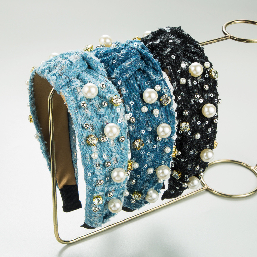 Denim bandana High-End na moda pérola lantejoulas bandana feminino acessórios de cabelo