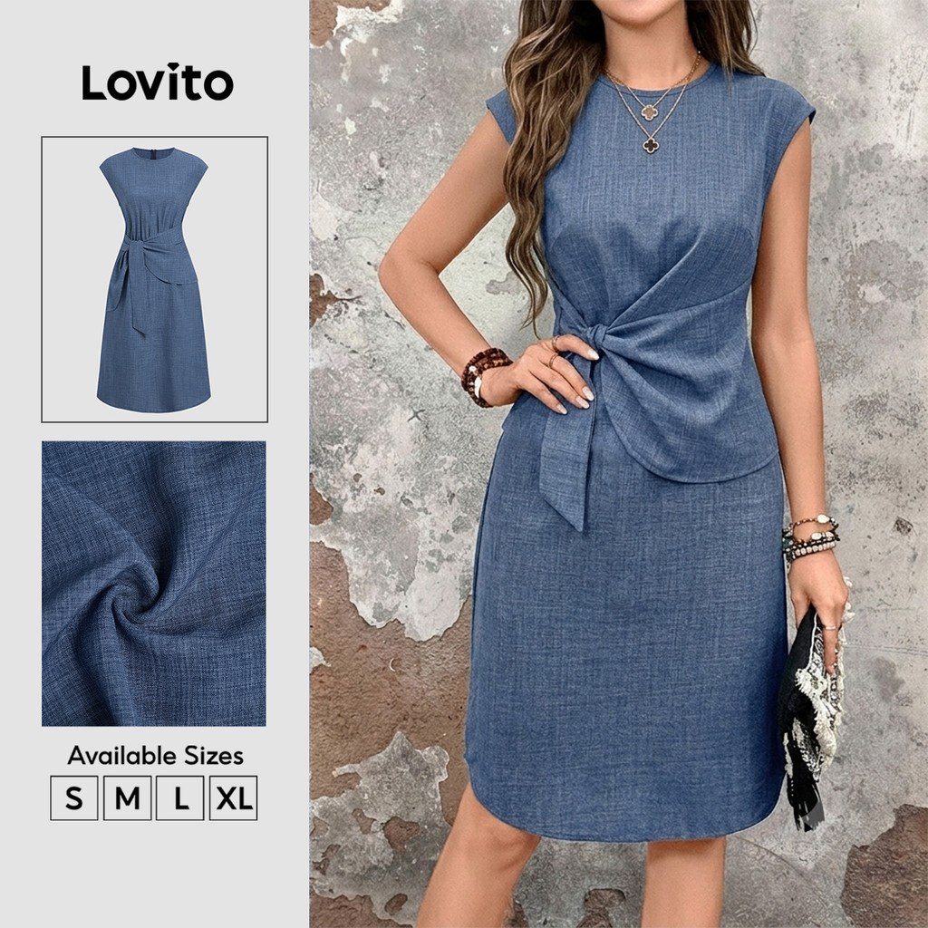 (New Arrival) Lovito Vestido Casual Assimétrico Com Nó Azul Primavera/verão Para Mulheres DRB38BR079