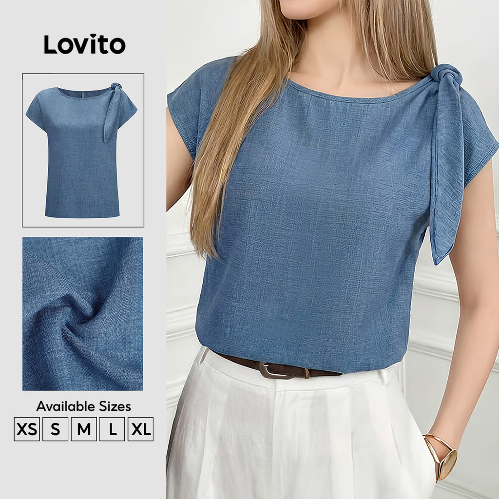 (New Arrival) Lovito Elegante Blusa Manga Curta Gola Redonda Azul Amarração Franzido Primavera Verão Trabalho Para Mulheres BLB202P2D740