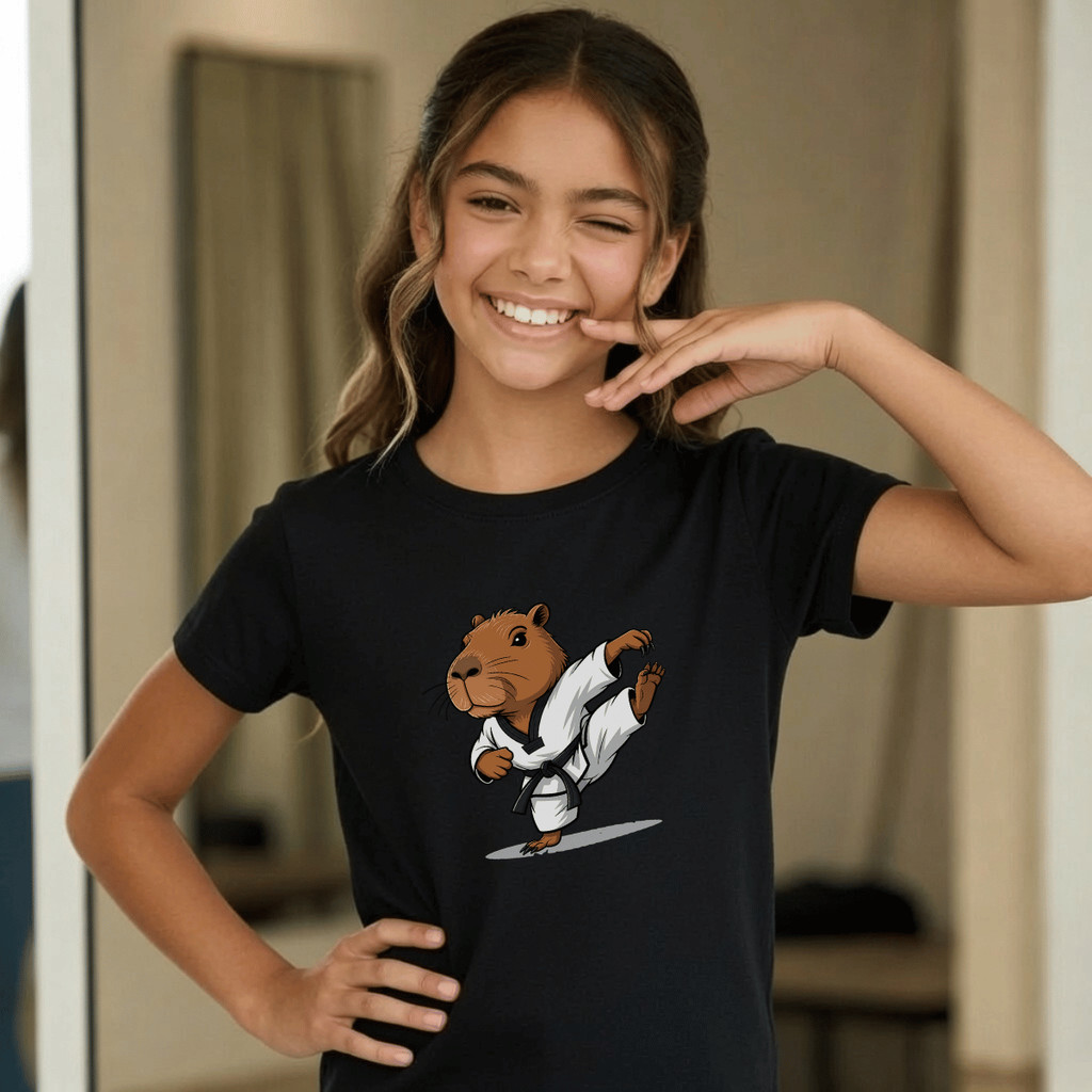Camiseta Infantil Estampada Capivara Judo 100% Básica Manga Curta Unissex Masculina e Feminino Básica