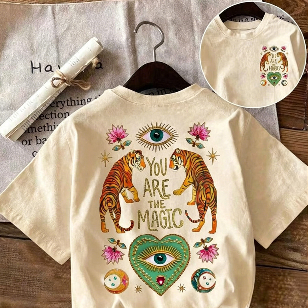 Camiseta Feminina 100% Algodão, Estampa Tigre e Olho Grego, Tamanhos do P ao G3, Confortável para o Dia a Dia