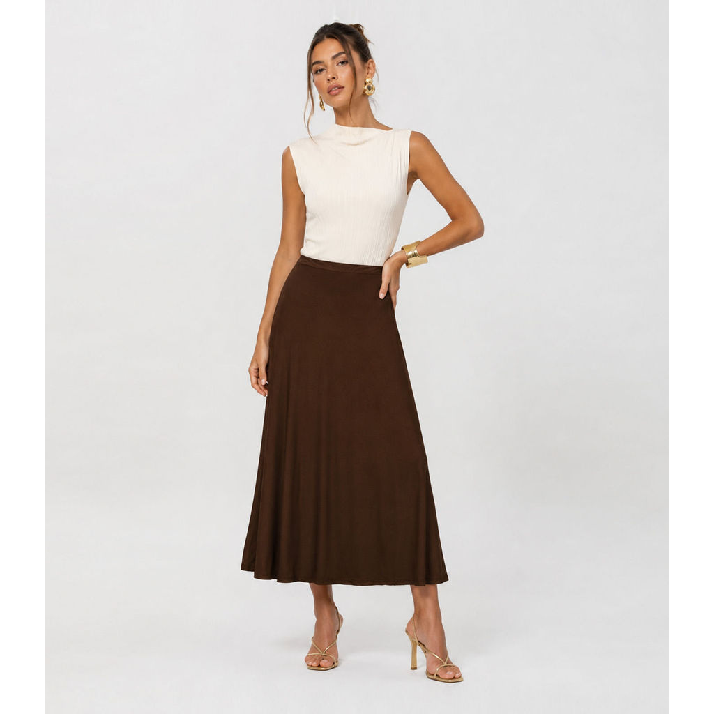 Saia Feminina Midi Evase Dianna Marrom
