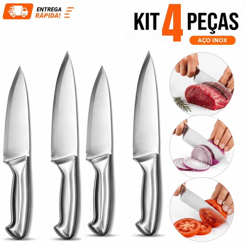 Kit 4 Pçs Faca 6 Faca 7 Profissional Inteiriço Aço Inox para Churrasco Açougue Cozinha