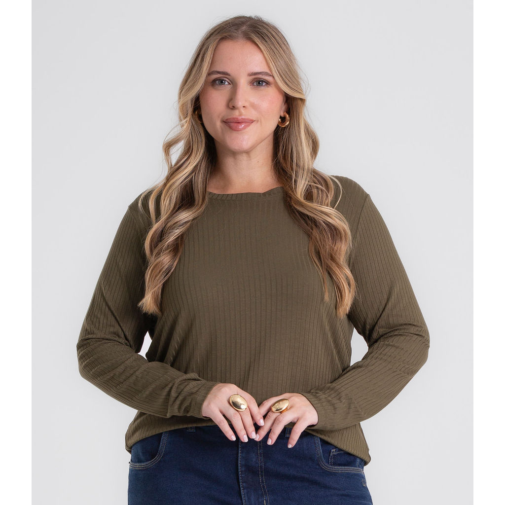 Blusa Manga Longa Ribana Canelada Secret Glam Verde