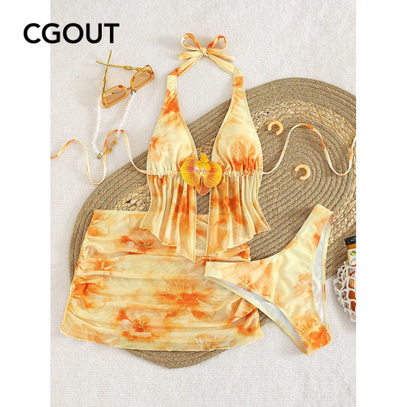 Biquíni Sexy estampado feminino de três peças, terno de verão, elegante, dia dos namorados, praia, férias