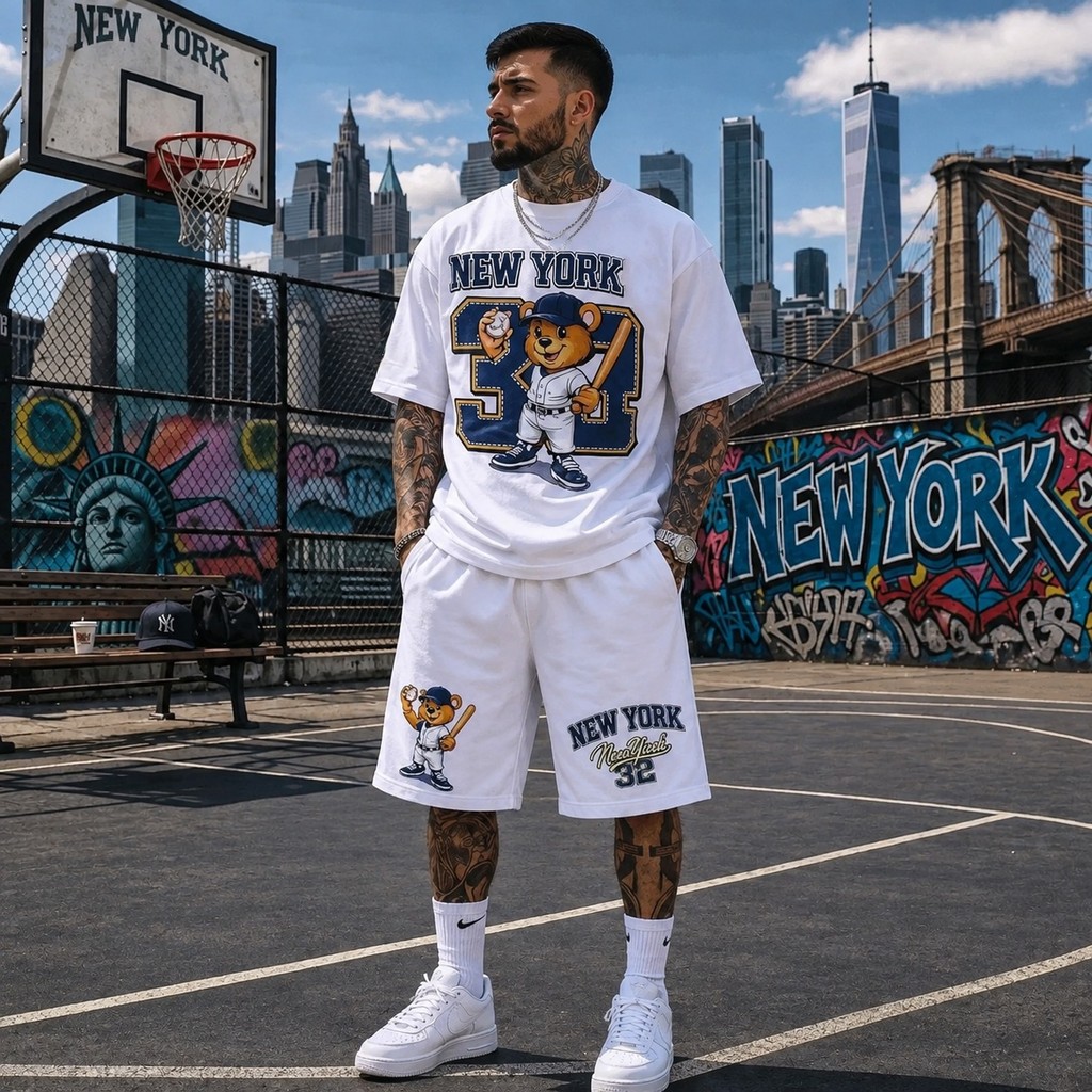 Kit Conjunto Roupa Masculina Camisa Masculina Algodão e Short Moletom New York 32 Y2K Urbano