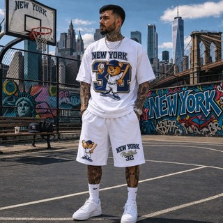 Kit Conjunto Roupa Masculina Camisa Masculina Algodão e Short Moletom New York 32 Y2K Urbano