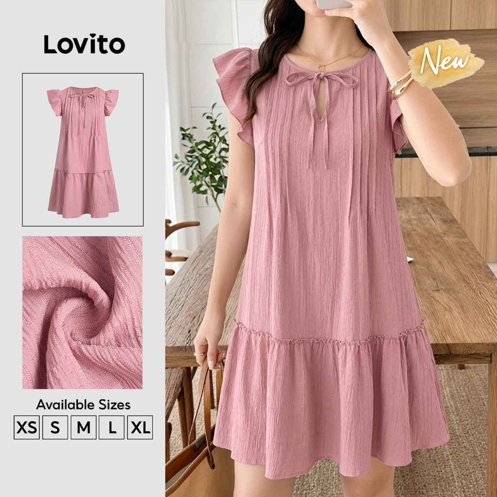 (New Arrival) Lovito Vestido Rosa Elegante Com Pregas Acabamento Ondulado Amarração Frontal Linha A Curta Primavera/Verão Trabalho Para Mulheres DRB202P2D706