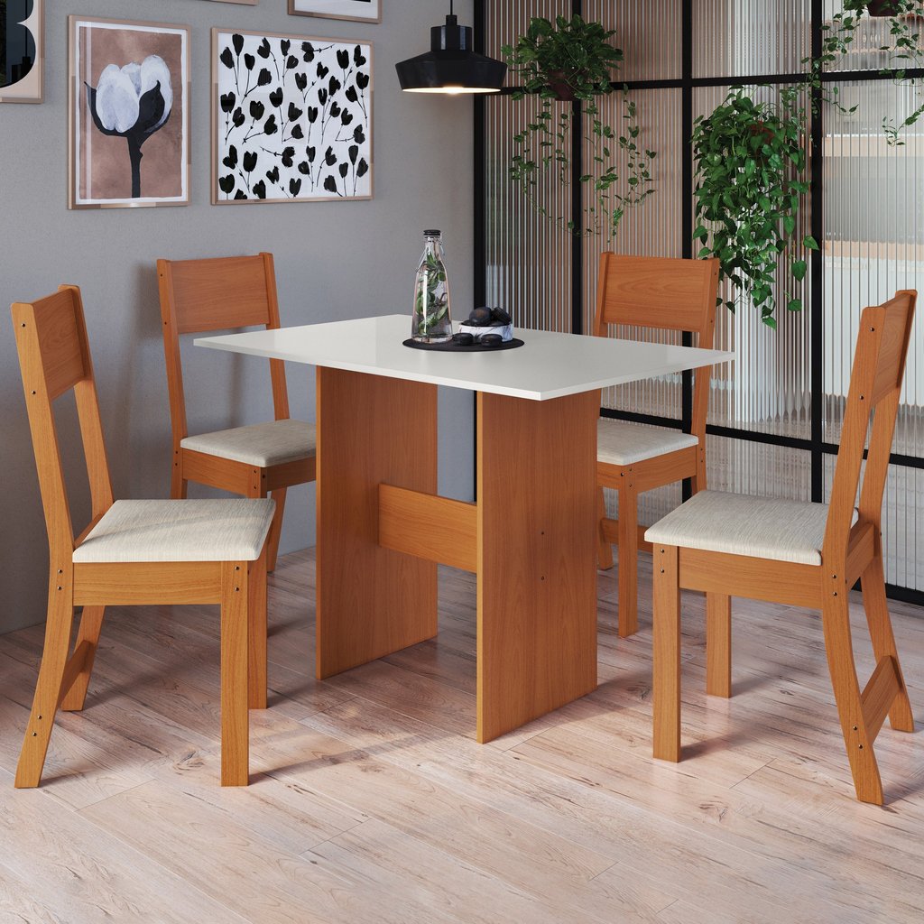 Conjunto Sala de Jantar 1 Mesa Tampo MDF Retangular 4 Cadeiras Viena Amarelo/Freijó/Off/Linho Freijó/Off White/Linho