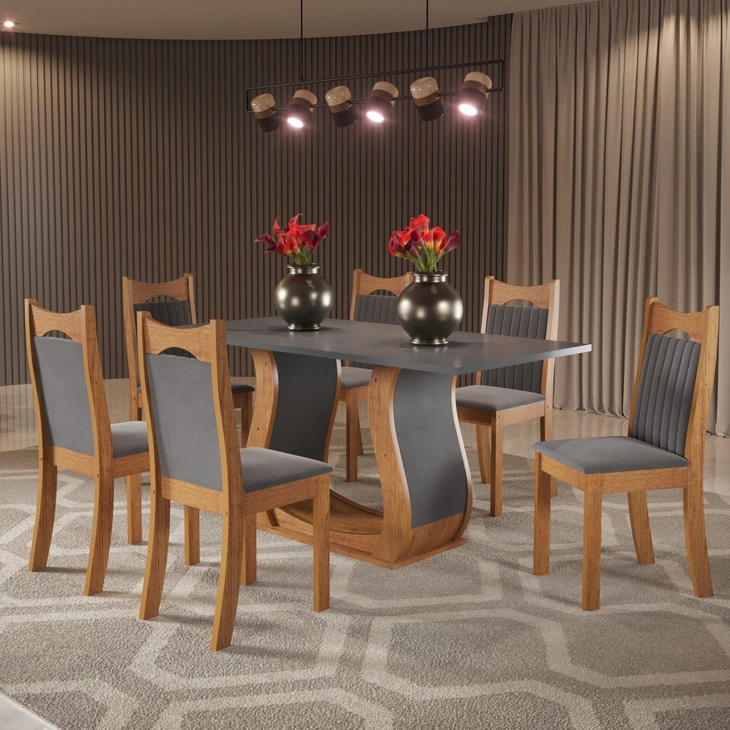 Mesa de Jantar Retangular Buenos Aires com 6 Cadeiras Dalas Yescasa Mel/Cinza/Grafite