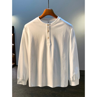 Americano Retro cara resistente estilo pesado Henry camisa branca de manga comprida camiseta masculina primavera outono 