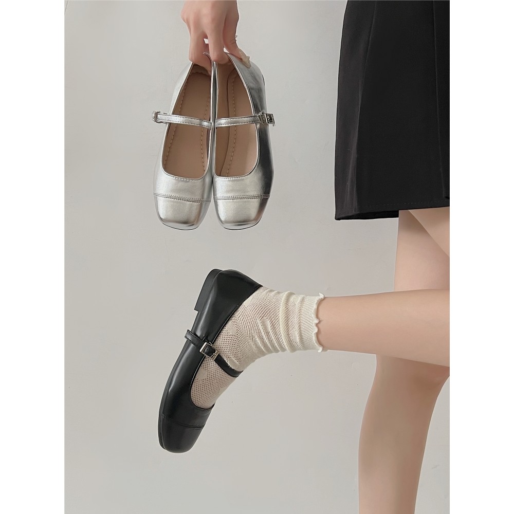 Sapatos baixos femininos sola macia Mary Jane sapatos femininos prata Ballet pequenos sapatos de couro com saia estilo s