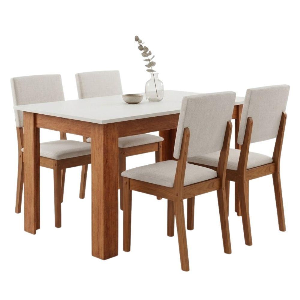 Conjunto Sala de Jantar Place Mesa 1,10m 4 Lugares com Cadeiras Linda Off White e Bege Viero Móveis