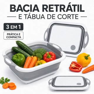 Tábua com Bacia Retrátil Silicone Escorredor Cozinha Multifuncional Tábua de Corte 3 em 1