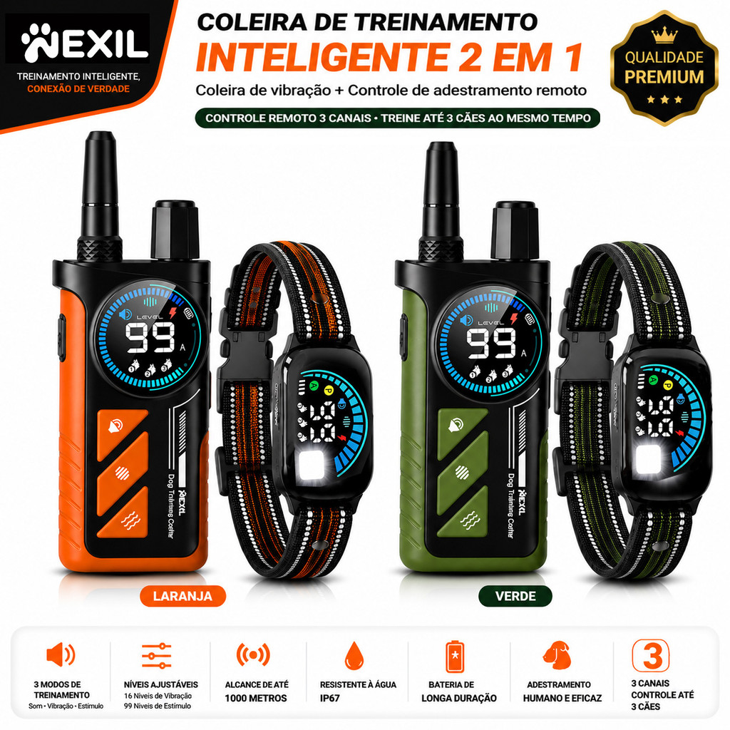 Nexil 2 em 1 Coleira de Adestramento Profissional para Cães – Controle Remoto Tela Colorida, 1000m, 3 Canais