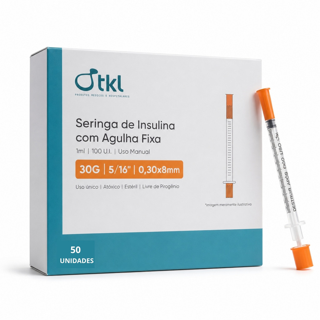 Kit com 50 - Seringa de Insulina Botox 1ml 8x0,30 30G com Agulha Fixa - Envio Imediato